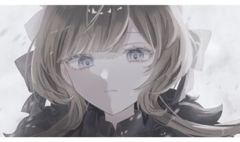 1girl black_collar blue_eyes bow brown_hair closed_mouth collar commentary_request expressionless fur_trim genshin_impact hair_bow headdress letterboxed looking_at_viewer miyamiyayaaaa portrait sandrone_(genshin_impact) short_hair_with_long_locks solo