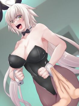 1boy 1girl animal_ears bare_shoulders black_leotard blush bow bowtie breasts cleavage collarbone covered_navel fake_animal_ears fate/grand_order fate_(series) grey_pantyhose highleg highleg_leotard highres jeanne_d'arc_(fate) jeanne_d'arc_alter_(fate) large_breasts leotard long_hair looking_at_viewer open_mouth pantyhose pov pov_hands rabbit_ears sequential white_hair wrist_cuffs yellow_eyes