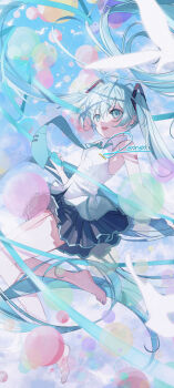 1girl aqua_eyes aqua_hair balloon bird birthday bug commentary_request fly happy_birthday hatsune_miku highres insect long_hair necktie renren_(pixiv22963369) signature sleeveless solo twintails vocaloid