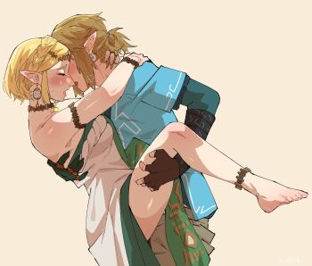 1boy 1girl armlet blonde_hair blush breasts cleavage clothed_sex commentary dress english_commentary heavy_breathing highres jewelry kikaia leg_up link nintendo pointy_ears princess_zelda sex short_hair strapless the_legend_of_zelda the_legend_of_zelda:_tears_of_the_kingdom thighs white_dress