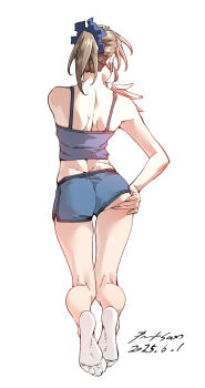 1girl ass ass_support brown_hair camisole crop_top dolphin_shorts facing_away from_behind full_body highres nabipenciller original ponytail shorts simple_background socks solo white_background
