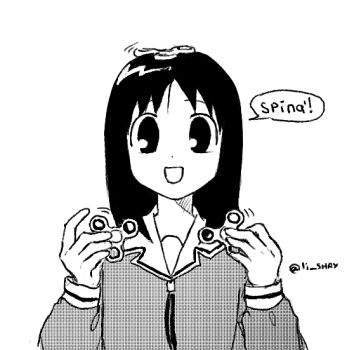 Rule 34 | 1girl, azumanga daiou, black eyes, black hair, dual wielding, english text, fidget spinner, grey shirt, holding, kasuga ayumu, li shay, open mouth, school uniform, shirt, speech bubble, watermark, white background