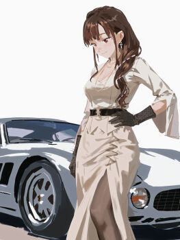 1girl absurdres alternate_hairstyle belt black_belt black_gloves breasts brown_eyes brown_hair brown_pantyhose car closed_mouth cobwvmeti dress earrings gloves hair_over_shoulder hand_on_own_hip hashtag-only_commentary highres idolmaster idolmaster_shiny_colors jewelry light_smile long_dress long_hair looking_down motor_vehicle necklace pantyhose solo sonoda_chiyoko standing vehicle_request white_background