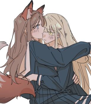 2girls animal_ear_fluff animal_ears bang_dream! bang_dream!_it&#039;s_mygo!!!!! blonde_hair blue_eyes blue_shirt blue_skirt blush brown_hair brown_tail closed_mouth clothing_cutout commentary couple extra_ears eye_contact face-to-face floppy_ears fox_ears fox_girl fox_tail from_side hair_ornament hairclip hand_on_another&#039;s_waist highres hug kemonomimi_mode kira_reader long_hair long_sleeves looking_at_another miniskirt multiple_girls nagasaki_soyo parted_lips pleated_skirt profile rabbit_ears rabbit_girl school_uniform shirt simple_background skirt skirt_set symbol-only_commentary tail tail_raised tail_through_clothes tsukinomori_school_uniform wakaba_mutsumi white_background winter_uniform yellow_eyes yuri