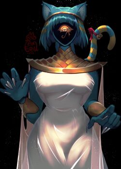 Rule 34 | 1girl, ancient egyptian clothes, aqua hair, cat girl, cat tail, cthulhu mythos, cyclops, dress, fingernails, highres, kyotemeru, looking at viewer, medium hair, monster girl, nyanlathotep, one-eyed, sharp fingernails, solo, sucker for love, sucker for love: first date, tail, very long fingernails, white dress, yellow eyes
