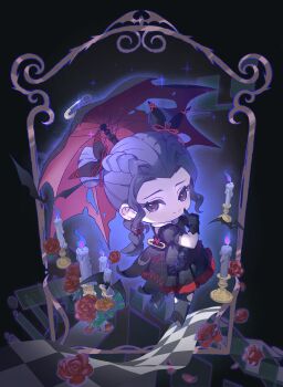 1girl black_background black_bow black_dress black_gloves black_umbrella blue_outline bow braid bright_pupils candle chibi chinese_commentary closed_mouth commentary_request double_bun dream-like_night_(infinity_nikki) dress eyelashes finger_to_cheek fire floating flower forehead frilled_dress frilled_sleeves frills gloves gothic_lolita grey_eyes grey_hair hair_bow hair_bun hair_ornament hair_ribbon happy heart heart_hair_ornament highres holding holding_umbrella infinity_nikki leaf lolita_fashion long_hair medium_dress nikki_(series) orange_flower orange_rose outline paperclip petals picture_frame pleated_dress puffy_short_sleeves puffy_sleeves purple_fire purple_flower red_flower red_pupils red_ribbon red_rose red_umbrella ribbon rose rose_petals short_sleeves side_braid solo sparkle torn_umbrella tsurime twin_braids two-sided_umbrella umbrella umbrella_over_shoulder yuqing99999