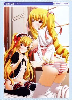 2girls :&lt; absurdres ass black_thighhighs blonde_hair breast_hold breasts cameltoe drill_hair frilled_legwear gothic_lolita hair_ribbon highres large_breasts lolita_fashion long_hair multiple_girls panties red_eyes ribbon sin-go striped_clothes striped_panties thighhighs underwear white_thighhighs