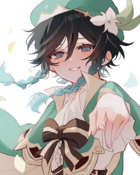 Rule 34 | 1boy, absurdres, aqua eyes, aqua hair, black bow, black hair, bow, braid, commentary, falling petals, flower, genshin impact, gradient hair, green hat, hair flower, hair ornament, hat, highres, looking at viewer, male focus, multicolored hair, nene chiru, petals, pointing, pointing at viewer, solo, symbol-only commentary, twin braids, venti (genshin impact), watermark, white background