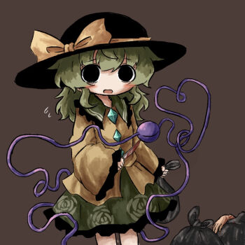 1girl bag black_eyes black_hat blush bow brown_background buttons commentary_request contrast_collar cowboy_shot death diamond_button floral_print flying_sweatdrops frilled_shirt_collar frills green_hair green_skirt hat hat_bow hat_ribbon heart heart_of_string heripantomorrow holding holding_bag implied_murder komeiji_koishi long_sleeves looking_at_viewer medium_hair open_mouth print_skirt ribbon rose_print severed_hand shirt skirt sleeves_past_wrists solo standing third_eye touhou trash_bag wide_sleeves yellow_bow yellow_ribbon yellow_shirt