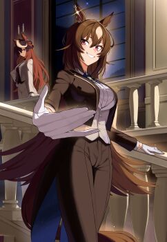Rule 34 | 2girls, absurdres, animal ears, black jacket, black pants, black shirt, blue necktie, blush, breasts, brown hair, closed mouth, collared shirt, commentary request, ear ornament, earrings, gloves, green necktie, grey vest, hair between eyes, highres, hitempo, horse ears, horse girl, horse tail, jacket, jewelry, large breasts, long hair, long sleeves, looking at viewer, multicolored hair, multiple girls, necktie, open mouth, pants, purple eyes, red eyes, shirt, single earring, sirius symboli (umamusume), smile, stairs, streaked hair, symboli rudolf (umamusume), tail, tuxedo, umamusume, very long hair, vest, white gloves, white hair, white jacket, white pants, white shirt