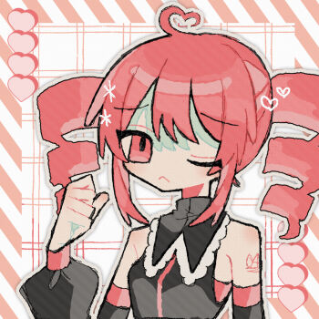 1girl ahoge bare_shoulders closed_mouth detached_sleeves drill_hair hand_up heart heart_ahoge highres kasane_teto looking_at_viewer okashira_moppu one_eye_closed red_eyes red_hair solo twin_drills upper_body utau