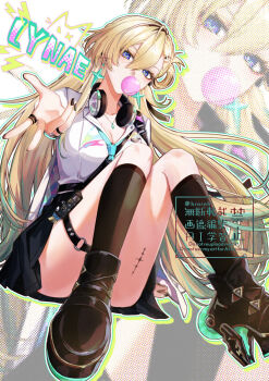 1girl aqua_necktie black_nails black_shoes black_skirt black_socks blonde_hair blowing_bubble_gum breasts character_name chewing_gum cleavage commentary earrings fingernails hair_between_eyes haruna_(hrnrnh) headphones headphones_around_neck jewelry knees_together_feet_apart long_hair looking_at_viewer lynae_(wuthering_waves) medium_breasts nail_polish necktie outstretched_arm shirt shoes sitting skirt socks star_(symbol) star_earrings symbol-only_commentary tacet_mark_(wuthering_waves) watermark white_shirt wuthering_waves zoom_layer