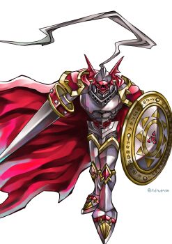 Rule 34 | absurdres, armor, cape, digimon, digimon adventure, dukemon, helmet, highres, knight, lance, polearm, red cape, ridnuansa, shield, solo, weapon, white background