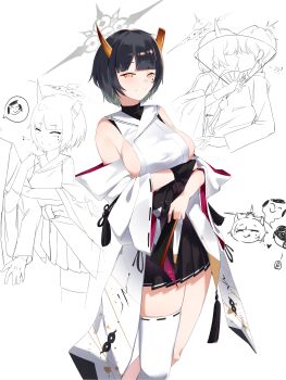 1boy 1girl absurdres black_hair blue_archive breasts closed_eyes highres horns japanese_clothes large_breasts niya_(blue_archive) plentyofempty school_uniform sensei_(blue_archive) short_hair thighhighs white_thighhighs