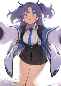 1girl barcode bare_legs bed bed_sheet black_halo black_jacket black_skirt blazer blue_archive blue_necktie blue_ribbon blush border breasts collared_shirt dress_shirt embarrassed formal_clothes gloves hair_ornament half_gloves halo highres id_card jacket long_hair long_sleeves looking_at_viewer mechanical_halo medium_breasts millennium_science_school_logo miniskirt miya_kazutomo necktie off_shoulder office_lady on_bed open_clothes open_jacket parted_bangs pleated_skirt pov puffy_long_sleeves puffy_sleeves purple_eyes purple_hair ribbon shirt skirt skirt_suit sleeve_cuffs suit surprised sweat thick_thighs thigh_gap thighs triangle_hair_ornament triangle_mouth two-sided_fabric two-sided_jacket two_side_up white_background white_border white_jacket white_shirt wing_collar yukadon yukadon_on_viewer yuuka_(blue_archive)