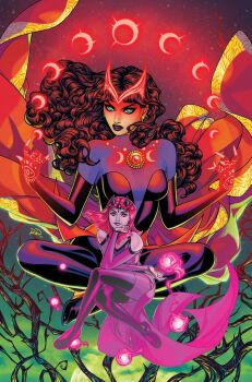 2girls amaranth_(marvel) avengers_(series) breasts brown_hair clothing_cutout comic_cover commentary curly_hair earrings elbow_gloves english_commentary eye_of_agamotto eyeshadow fake_horns fingerless_gloves gloves glowing_markings green_eyes highres horns indian_style initial invisible_chair jewelry long_hair looking_at_viewer magic makeup marvel medium_breasts multiple_girls official_alternate_costume official_art pink_eyes pink_hair purple_eyeshadow purple_lips russell_dauterman scarlet_witch shoulder_cutout sitting superhero_costume wanda_maximoff western_comics_(style) witch