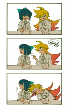 2girls aged_down blonde_hair dress guru.zong hashtag-only_commentary highres multiple_girls panty_&amp;_stocking_with_garterbelt panty_(psg) purple_hair short_hair sitting stocking_(psg) white_dress