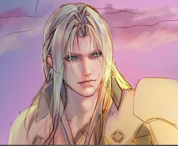 1boy aqua_eyes armor black_coat chest_strap closed_mouth coat final_fantasy final_fantasy_vii grey_hair hashtag-only_commentary highres long_hair male_focus miotoaki parted_bangs pauldrons purple_background sephiroth shoulder_armor sketch slit_pupils solo straight_hair upper_body