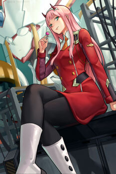 1girl black_pantyhose boots commentary crossed_legs darling_in_the_franxx english_commentary eyeliner green_eyes grin hairband highres horns jacket long_hair long_sleeves looking_at_viewer makeup mecha military military_jacket military_uniform necktie orange_necktie pantyhose pencilequipped pink_hair red_eyeliner red_jacket robot sitting smile solo strelizia very_long_hair white_boots white_hairband zero_two_(darling_in_the_franxx)