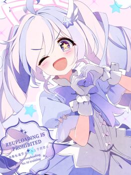 1girl ;d blue_archive blush commentary_request furisuku_(gerbera) gloves hair_ornament halo heart heart_hands highres looking_at_viewer magical_girl multicolored_hair official_alternate_costume one_eye_closed open_mouth partial_commentary pink_hair pink_halo puffy_short_sleeves puffy_sleeves purple_hair reisa_(blue_archive) reisa_(magical)_(blue_archive) short_sleeves smile solo star-shaped_pupils star_(symbol) star_hair_ornament star_halo symbol-shaped_pupils twintails two-tone_hair watermark white_gloves wing_hair_ornament