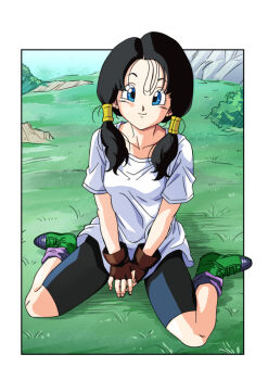 Rule 34 | 1girl, black hair, blue eyes, dragon ball, dragonball z, fingerless gloves, gloves, long hair, shirt, shonen jump, shueisha, smile, videl, white shirt, yuuuun0218