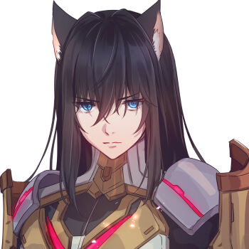 1boy animal_ears armor black_hair blue_eyes cat_boy cat_ears chinese_commentary closed_mouth commentary_request cyacyacyacyaki hair_between_eyes highres kemonomimi_mode long_hair looking_at_viewer male_focus n_(xenoblade) simple_background solo upper_body white_background xenoblade_chronicles_(series) xenoblade_chronicles_3