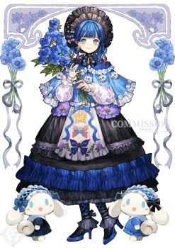 1girl 2others baiguiyu black_bonnet black_dress blue_dress blue_eyes blue_flower blue_hair bonnet bouquet bug butterfly cinnamoroll commentary dress flower high_heels highres holding holding_flower insect jewelry lace lace_trim mole mole_under_eye multiple_others original ring sanrio short_hair symbol-only_commentary white_sleeves