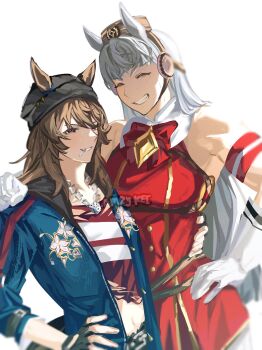 2girls animal_ears arm_around_shoulder armband beanie blue_jacket blunt_bangs blush bow bowtie breasts brown_hair brown_hat candy closed_eyes coat dice dice_necklace dice_pendant dress ears_through_headwear fingerless_gloves food gloves gold_ship_(red_strife)_(umamusume) gold_ship_(umamusume) grey_hair grey_hat grin hair_between_eyes hat highres horse_ears horse_girl jacket jewelry lampy_uikoko lollipop lollipop_in_mouth long_hair long_sleeves looking_at_viewer midriff multiple_girls nakayama_festa_(shichuukyuukatsu)_(umamusume) nakayama_festa_(umamusume) navel necklace open_clothes open_jacket open_mouth pillbox_hat purple_eyes red_armband red_bow red_bowtie red_dress red_shirt shirt simple_background sleeveless sleeveless_dress smile striped_armband striped_clothes teeth torn_clothes umamusume upper_body white_armband white_background white_gloves