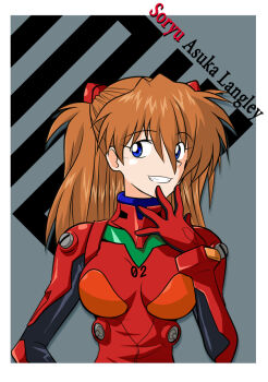 1girl alternate_breast_size blue_eyes blush bodysuit bracer breasts breasts_apart brown_hair character_name eyes_visible_through_hair female_focus gloves grey_background grin hair_between_eyes hairpods hand_on_own_chin hand_to_own_mouth happy headgear hetano_yokoduki long_hair looking_at_viewer mecha_pilot_suit medium_breasts neon_genesis_evangelion plugsuit_(evangelion) simple_background skinny smile solo souryuu_asuka_langley turtleneck two_side_up upper_body