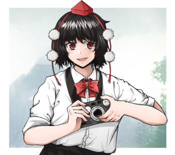Rule 34 | 1girl, :d, black hair, black skirt, border, bow, bowtie, buttons, camera, collared shirt, commentary request, dress shirt, hand up, hat, holding, holding camera, light blush, looking at viewer, mountain, open mouth, outside border, pi-nattus, red bow, red bowtie, red eyes, red hat, shameimaru aya, shirt, shirt tucked in, short hair, skirt, sleeves rolled up, smile, solo, tokin hat, touhou, tree, upper body, white border, white shirt