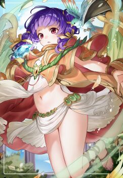 1girl absurdres bird commission dragonstone fire_emblem fire_emblem:_the_sacred_stones gem gladiator_sandals haru_(nakajou-28) highres myrrh_(fire_emblem) navel nintendo non-web_source outdoors pixiv_commission purple_hair red_eyes sandals see-through_clothes solo wings
