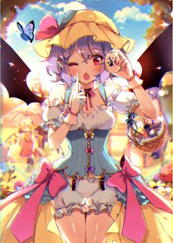 4girls alternate_costume bloomers blue_dress bow bug butterfly commentary_request cowboy_shot detached_sleeves double-parted_bangs dress easter easter_egg egg fangs flandre_scarlet frilled_bloomers frilled_sleeves frills gloves hat holding holding_egg insect izayoi_sakuya kirero multiple_girls one_eye_closed open_mouth outdoors patchouli_knowledge pink_bow puffy_short_sleeves puffy_sleeves purple_hair red_eyes remilia_scarlet short_sleeves sky sleeveless sleeveless_dress solo_focus sparkle touhou underwear white_bloomers white_gloves yellow_hat