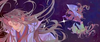 Rule 34 | 2boys, boots, brown hair, chinese clothes, closed eyes, collared robe, crying, curtained hair, eyelashes, floating, floating hair, green hanfu, half updo, hanfu, hashtag-only commentary, highres, holding hands, interlocked fingers, long hair, long sleeves, luo binghe, male focus, multiple boys, multiple views, parted bangs, popped collar, raised eyebrows, red hanfu, renzha fanpai zijiu xitong, robe, shen qingqiu, sidelocks, sky, smile, somomori, space, sparkle, star (sky), starry sky, very long hair, white robe, wide sleeves, wolf cut, xiao guan (headdress), yaoi, zuiyin