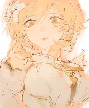 1girl bare_shoulders breasts detached_sleeves dress expressionless floating_hair flower from_below genshin_impact hair_flower hair_ornament highres looking_at_viewer looking_down lumine_(as_heaven_and_earth_are_made_anew)_(genshin_impact) lumine_(genshin_impact) medium_breasts neck_ribbon nuiilar official_alternate_costume open_mouth portrait ribbon short_hair short_hair_with_long_locks sidelocks simple_background sketch solo white_background white_dress white_flower white_ribbon white_sleeves yellow_eyes