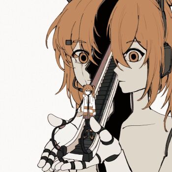 2girls a.i._voice adachi_rei coat commentary english_commentary expressionless headset highres joints mini_person minigirl multiple_girls orange_eyes orange_hair robot_girl robot_joints skirt stairs white_coat yuu_(tangzeyuu)