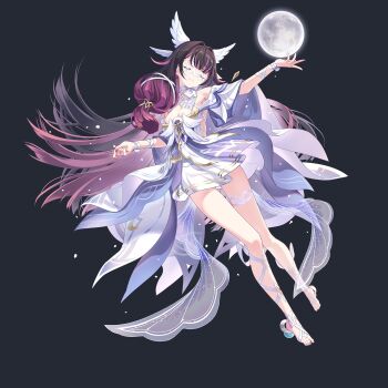 1girl bare_shoulders black_hair breasts cleavage closed_eyes columbina_(genshin_impact) commentary dress fingernails full_body genshin_impact grey_background h2so4 hair_ornament hashtag-only_commentary highres long_hair medium_breasts moon multicolored_hair outstretched_arm parted_lips purple_hair solo toenails very_long_hair white_dress wing_hair_ornament