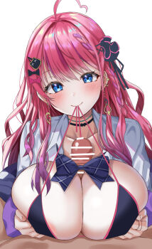 1boy 1girl ahoge bar_censor bear_hair_ornament bikini black_bikini black_bow black_choker black_scrunchie blue_eyes blush bow bowtie breasts censored choker closed_mouth collarbone collared_shirt commentary earrings ebi_193 hair_bow hair_ornament hair_scrunchie hairclip highres holding_strap huge_breasts jacket jewelry kuramochi_meruto kuramochi_meruto_(school_uniform) long_hair long_sleeves looking_at_viewer mouth_hold multicolored_hair nijisanji paizuri penis pink_bow pink_hair pink_jacket plaid_bow plaid_bowtie plaid_clothes purple_bow purple_bowtie purple_hair scrunchie shirt simple_background smile solo_focus swimsuit two-tone_hair virtual_youtuber white_background white_shirt