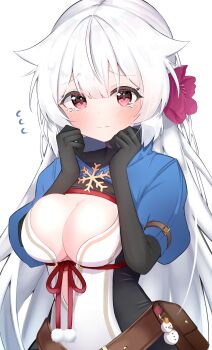 1girl absurdres black_gloves blue_shrug breasts brown_bag cleavage commentary_request flower flying_sweatdrops fuyuka_(stella_sora) gloves hair_flower hair_ornament highres long_hair looking_at_viewer pom_pom_(clothes) red_eyes saica shrug_(clothing) simple_background snowflake_ornament snowman solo stella_sora tearing_up upper_body white_background white_hair