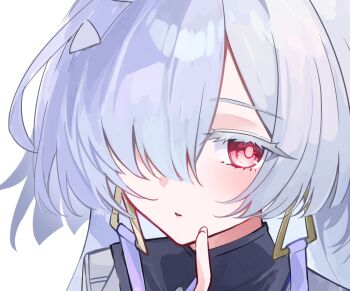 1girl blush colored_eyelashes commentary_request earrings hair_ornament hair_over_one_eye highres index_finger_raised jewelry long_hair looking_at_viewer mornye_(wuthering_waves) ooo00_cha parted_lips red_eyes solo triangle_earrings white_background white_eyelashes wuthering_waves