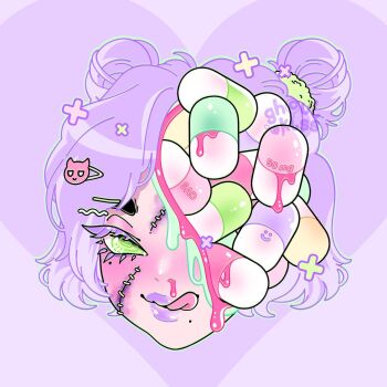 Rule 34 | 1girl, artist logo, blood, candy gore, character hair ornament, colored eyelashes, colored skin, commentary, cropped head, double bun, dripping, english commentary, ghoulkiss, green blood, green eyes, green outline, gurokawa, hair bun, hair ornament, hair tie, hairclip, heart, hole in head, lipstick, logo, looking at viewer, makeup, mole, mole under mouth, nosebleed, original, outline, parallel hairclips, pastel colors, pill, pink blood, pink skin, plus sign, purple background, purple hair, purple lips, purple theme, short hair, simple background, smile, solo, stitched face, stitches, tongue, tongue out, watermark