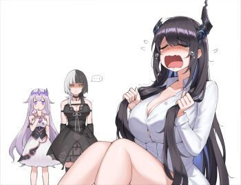black_choker black_dress black_hair blush breasts chest_jewel choker circlet cleavage colored_inner_hair crying dress frieren's_three-day_tantrum gem grabbing_own_hair grey_hair hair_ornament highres holding holding_own_hair hololive hololive_english jewel_under_eye koseki_bijou koseki_bijou_(1st_costume) long_hair multicolored_hair multiple_girls nerissa_ravencroft open_mouth pink_hair purple_eyes purple_gem purple_hair shiori_novella shiori_novella_(1st_costume) simple_background sitting split-color_hair tears two-tone_hair very_long_hair virtual_youtuber white_background white_dress yellow_eyes yubaest