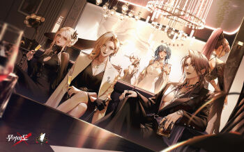 6+girls absurdres blonde_hair blue_hair breasts cane champagne_flute chandelier character_request cleavage cup dress drinking_glass earrings formal_clothes gloves high_ponytail highres holding holding_cup jewelry looking_at_viewer multiple_girls multiple_rings nail_polish necklace non-web_source official_art parted_lips path_to_nowhere phonograph ponytail ring sideboob single_glove sitting suit tattoo third-party_source zoya_(path_to_nowhere)