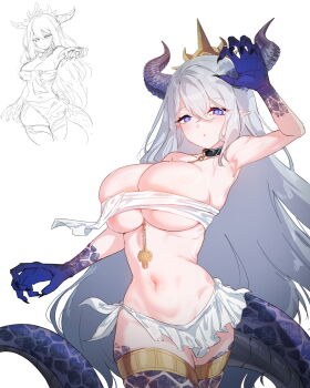 1girl absurdres arm_up armpits bandeau black_collar black_nails blue_eyes blue_hands breasts collar colored_extremities commentary cowboy_shot crossed_bangs double-parted_bangs dragon_girl dragon_horns dragon_tail english_commentary fingernails gold_thighlet grey_hair hair_between_eyes highres horns jewelry large_breasts long_fingernails long_hair looking_at_viewer miniskirt multiple_views navel original parted_lips pointy_ears rayno revision scales simple_background skirt solo_focus stomach tail thighlet white_background white_bandeau white_skirt