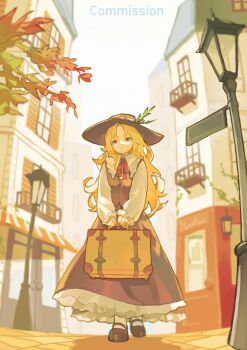 1girl absurdres black_shoes blonde_hair bobby_socks brown_hat brown_skirt brown_vest commentary_request day dolls_in_pseudo_paradise favnvs_(s910a_ib6) feathers frilled_hat frilled_shirt_collar frilled_skirt frilled_sleeves frilled_socks frills green_feathers hat hat_feather highres jacket_girl_(dipp) long_hair long_sleeves mary_janes neck_ribbon outdoors red_eyes red_ribbon ribbon shirt shoes skirt socks solo touhou tree very_long_hair vest walking wavy_hair white_shirt white_socks