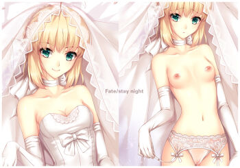 1girl :< artoria_pendragon_(fate) blonde_hair breasts bridal_veil collarbone dress elbow_gloves fate/stay_night fate_(series) gloves green_eyes lingerie looking_at_viewer midriff navel nipples no_bra noodle-y saber_(fate) sleeveless sleeveless_dress small_breasts smile split_screen underwear veil white_dress
