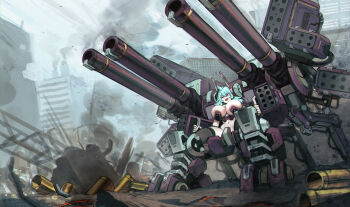 1girl :d absurdres aqua_hair blurry blurry_background breasts cannon externally_piloted_mecha fang hair_between_eyes highres huge_breasts ksb_(qwop03) mecha navel open_mouth original outdoors red_eyes robot ruins science_fiction shell_casing smile solo thighhighs v-shaped_eyebrows