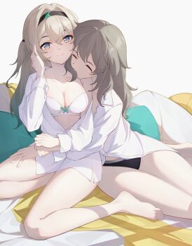 Rule 34 | 2girls, absurdres, bare legs, bed sheet, biting, black hairband, black panties, bra, breasts, cleavage, closed mouth, feet out of frame, firefly (honkai: star rail), grey hair, hair between eyes, hair intakes, hair ornament, hairband, hand in own hair, highres, honkai: star rail, honkai (series), hug, long hair, medium breasts, multicolored eyes, multiple girls, neck biting, open clothes, open shirt, panties, qi di xiong, sitting, stelle (honkai: star rail), trailblazer (honkai: star rail), two-tone eyes, underwear, white background, white bra, yuri
