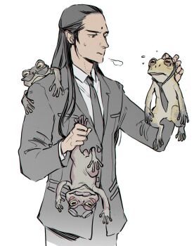 1boy animal animalization bindi black_jacket black_necktie black_pants brown_eyes collared_shirt commentary cowboy_shot elena_(ff7) english_commentary facial_mark final_fantasy final_fantasy_vii final_fantasy_vii_rebirth final_fantasy_vii_remake frog frog_on_shoulder furrowed_brow goggles goggles_on_head hair_pulled_back highres holding holding_animal holding_frog jacket lanimalu long_hair male_focus necktie pants reno_(ff7) rude_(ff7) shirt sidelocks suit_jacket sunglasses sweatdrop tears tseng white_background white_shirt