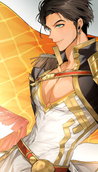 Rule 34 | 1boy, black tunic, brown hair, cape, cdgm000, claude von riegan, claude von riegan (almyra's king) (resplendent), claude von riegan (timeskip), commentary request, dark-skinned male, dark skin, earrings, fire emblem, fire emblem: three houses, fire emblem heroes, green eyes, highres, jewelry, korean commentary, nintendo, official alternate costume, pectoral cleavage, pectorals, tunic, white tunic, yellow cape