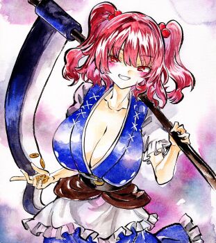 1girl blue_dress blush breasts cleavage coin commentary dress hair_bobbles hair_ornament highres holding holding_scythe kabaji large_breasts looking_at_viewer obi onozuka_komachi red_eyes red_hair sash scythe short_hair short_sleeves smile solo touhou two_side_up